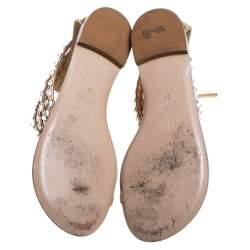 Pre Owned Giuseppe Zanotti Metallic Gold Leather Crystal Embellished Ankle Strap Flat Sandals Size 36