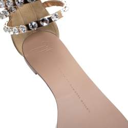 Pre Owned Giuseppe Zanotti Metallic Gold Leather Crystal Embellished Ankle Strap Flat Sandals Size 36