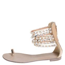 Pre Owned Giuseppe Zanotti Metallic Gold Leather Crystal Embellished Ankle Strap Flat Sandals Size 36