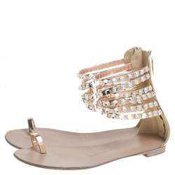 Pre Owned Giuseppe Zanotti Metallic Gold Leather Crystal Embellished Ankle Strap Flat Sandals Size 36