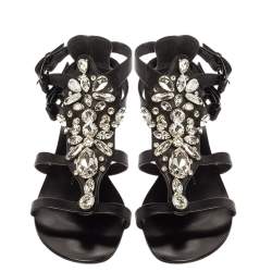 Pre Owned Giuseppe Zanotti Black Leather Crystal Embellished Ankle Strap T Strap Flat Sandals Size 36