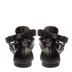 Pre Owned Giuseppe Zanotti Black Leather Crystal Embellished Ankle Strap T Strap Flat Sandals Size 36