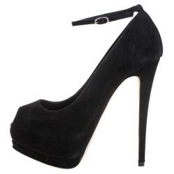 Pre Owned Giuseppe Zanotti Black Suede Peep Toe Ankle Strap Platform Pumps Size 36.5