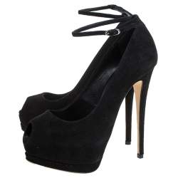Pre Owned Giuseppe Zanotti Black Suede Peep Toe Ankle Strap Platform Pumps Size 36.5