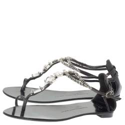 Pre Owned Giuseppe Zanotti Black Leather Embellished Thong Flats Size 38