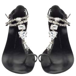Pre Owned Giuseppe Zanotti Black Leather Embellished Thong Flats Size 38