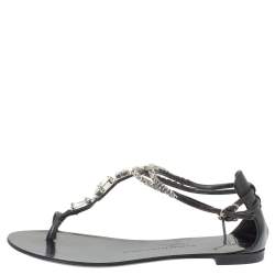 Pre Owned Giuseppe Zanotti Black Leather Embellished Thong Flats Size 38