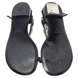 Pre Owned Giuseppe Zanotti Black Leather Embellished Thong Flats Size 38