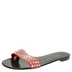Pre Owned Giuseppe Zanotti Orange/Brown Suede Crystal Embellished Slip on Flats Size 38
