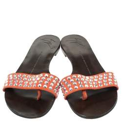 Pre Owned Giuseppe Zanotti Orange/Brown Suede Crystal Embellished Slip on Flats Size 38