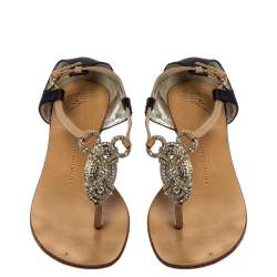 Pre Owned Giuseppe Zanotti Beige/Blue Leather And Satin Crystal Embellished Flats Size 36