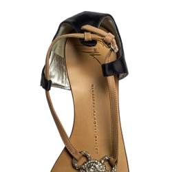 Pre Owned Giuseppe Zanotti Beige/Blue Leather And Satin Crystal Embellished Flats Size 36