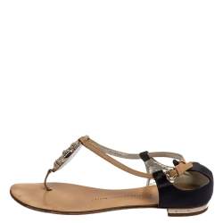 Pre Owned Giuseppe Zanotti Beige/Blue Leather And Satin Crystal Embellished Flats Size 36