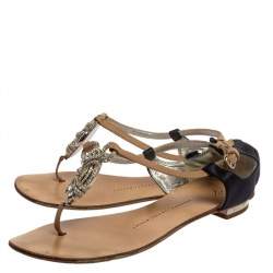 Pre Owned Giuseppe Zanotti Beige/Blue Leather And Satin Crystal Embellished Flats Size 36