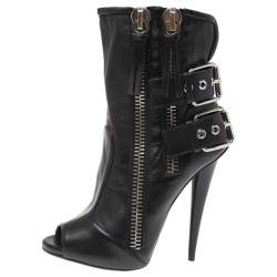 Pre Owned Giuseppe Zanotti Black Leather Peep Toe Biker Ankle Boots Size 37