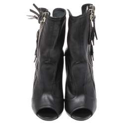 Pre Owned Giuseppe Zanotti Black Leather Peep Toe Biker Ankle Boots Size 37
