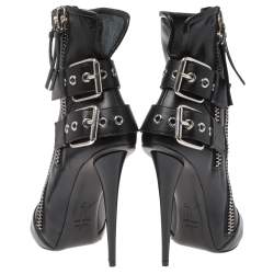 Pre Owned Giuseppe Zanotti Black Leather Peep Toe Biker Ankle Boots Size 37
