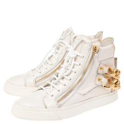 Pre Owned Giuseppe Zanotti White Leather Double Zip High Top Sneakers Size 36.5