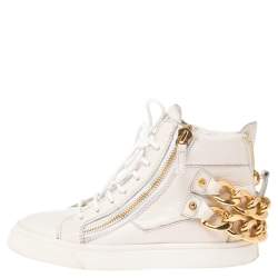 Pre Owned Giuseppe Zanotti White Leather Double Zip High Top Sneakers Size 36.5