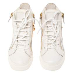 Pre Owned Giuseppe Zanotti White Leather Double Zip High Top Sneakers Size 36.5