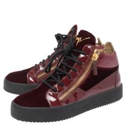 Pre Owned Giuseppe Zanotti Burgundy Velvet and Patent Leather Kriss Hi-Top Sneakers Size 41