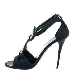 Giuseppe Zanotti Blue Canvas Embellished Cutout T Strap Zipper Sandals Size 40