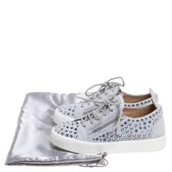 Pre Owned Giuseppe Zanotti Grey Suede Crystal Embellished Doris Sneakers Size 36