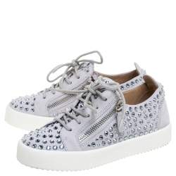 Pre Owned Giuseppe Zanotti Grey Suede Crystal Embellished Doris Sneakers Size 36