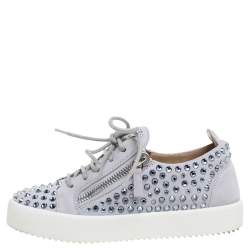 Pre Owned Giuseppe Zanotti Grey Suede Crystal Embellished Doris Sneakers Size 36