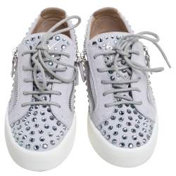 Pre Owned Giuseppe Zanotti Grey Suede Crystal Embellished Doris Sneakers Size 36