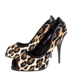 Pre Owned Giuseppe Zanotti Leopard Print Canvas and Leather Peep Toe Pumps Size 40