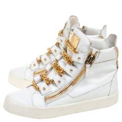 Pre Owned Giuseppe Zanotti White/Gold Leather Royce Chain High Top Sneakers Size 40