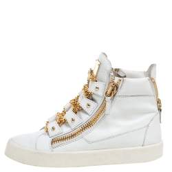 Pre Owned Giuseppe Zanotti White/Gold Leather Royce Chain High Top Sneakers Size 40
