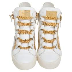 Pre Owned Giuseppe Zanotti White/Gold Leather Royce Chain High Top Sneakers Size 40