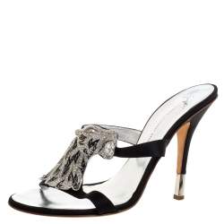 Pre Owned Giuseppe Zanotti Black Satin Crystal Lion Embellished Slide Sandals Size 41