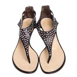 Pre Owned Giuseppe Zanotti Black Leather Crystal Studded Thong Sandals Size 37