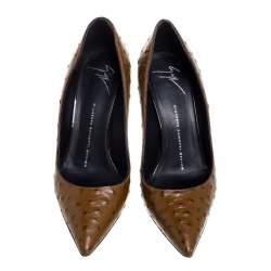 Pre Owned Giuseppe Zanotti Brown Ostrich Embossed Leather Lucrezia Pointed Toe Pumps Size 38.5