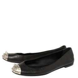 Pre Owned Giuseppe Zanotti Black Leather Malika Spiked Cap Toe Ballet Flats Size 38.5