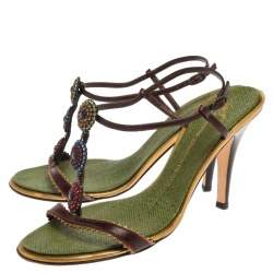 مملوكة مسبقًا Giuseppe Zanotti x Vicini Dark Brown/Green Leather Jewel Embellished Ankle Strap Sandals Size 40