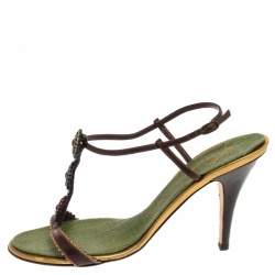 مملوكة مسبقًا Giuseppe Zanotti x Vicini Dark Brown/Green Leather Jewel Embellished Ankle Strap Sandals Size 40