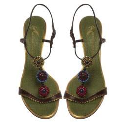 مملوكة مسبقًا Giuseppe Zanotti x Vicini Dark Brown/Green Leather Jewel Embellished Ankle Strap Sandals Size 40