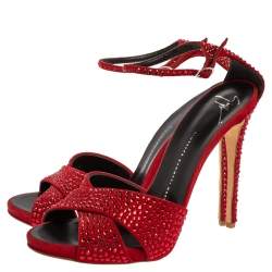 Pre Owned Giuseppe Zanotti Red Suede Crystal Embellished Ankle Strap Sandals Size 39.5