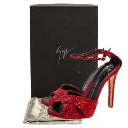 Pre Owned Giuseppe Zanotti Red Suede Crystal Embellished Ankle Strap Sandals Size 39.5