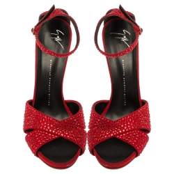Pre Owned Giuseppe Zanotti Red Suede Crystal Embellished Ankle Strap Sandals Size 39.5