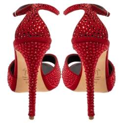 Pre Owned Giuseppe Zanotti Red Suede Crystal Embellished Ankle Strap Sandals Size 39.5