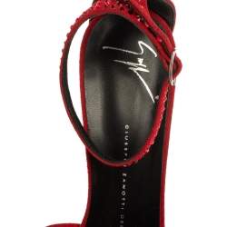 Pre Owned Giuseppe Zanotti Red Suede Crystal Embellished Ankle Strap Sandals Size 39.5