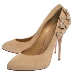 Giuseppe Zanotti Beige Suede Crystal Embellished Bow Pumps Size 39