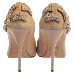 Giuseppe Zanotti Beige Suede Crystal Embellished Bow Pumps Size 39