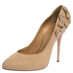 Giuseppe Zanotti Beige Suede Crystal Embellished Bow Pumps Size 39