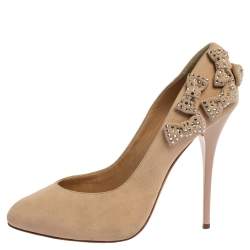 Giuseppe Zanotti Beige Suede Crystal Embellished Bow Pumps Size 39